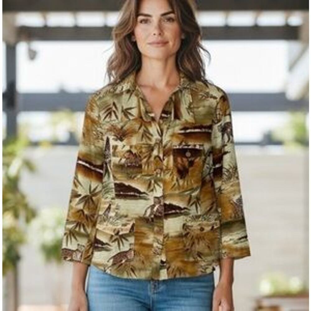 Silk Land Long Sleeve Savanna Print Button-Front Shirt Jacket Brown White Small